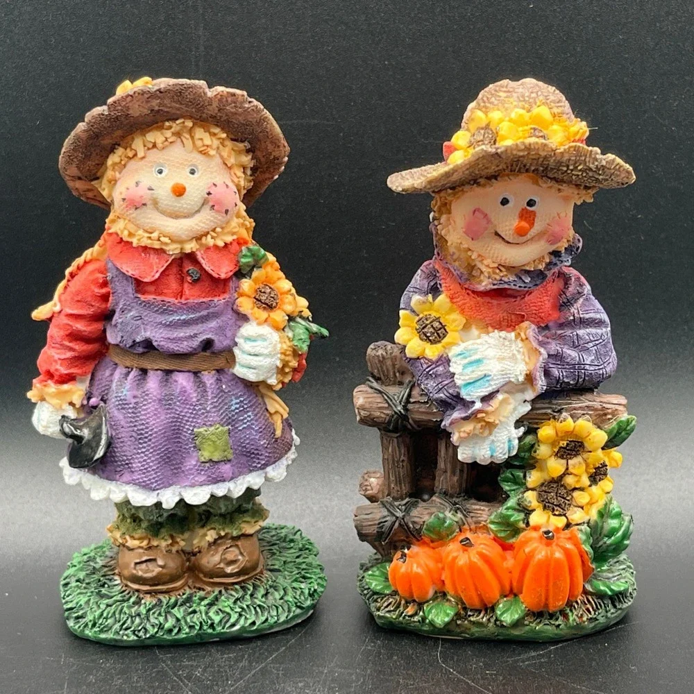 Set of 2 Fall Scarecrow Figurines Resin Harvest Decor Sunflowers Pumpkins 5
